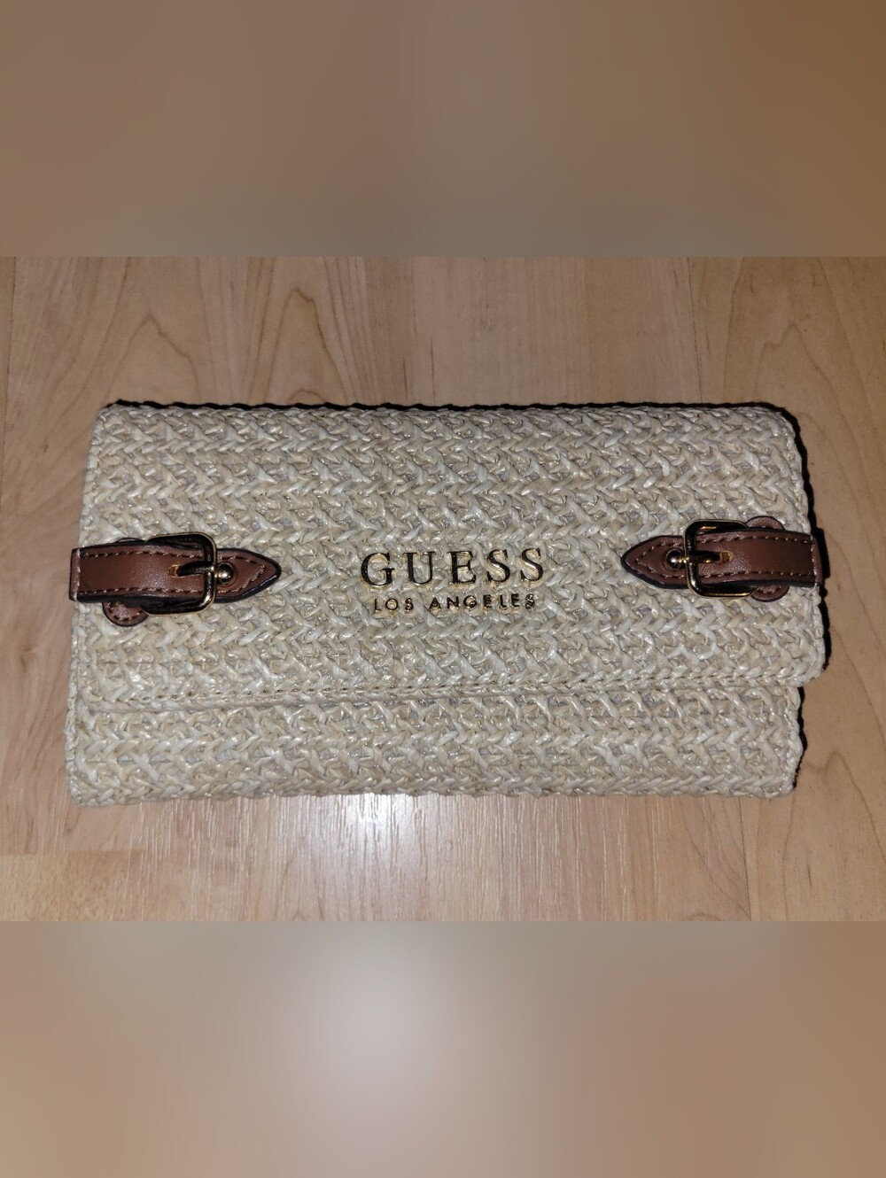 GUESS! YAY, IT'S WOVEN! Beige Woven Wallet/ Clutch, Buckle Trim and Gold Logo